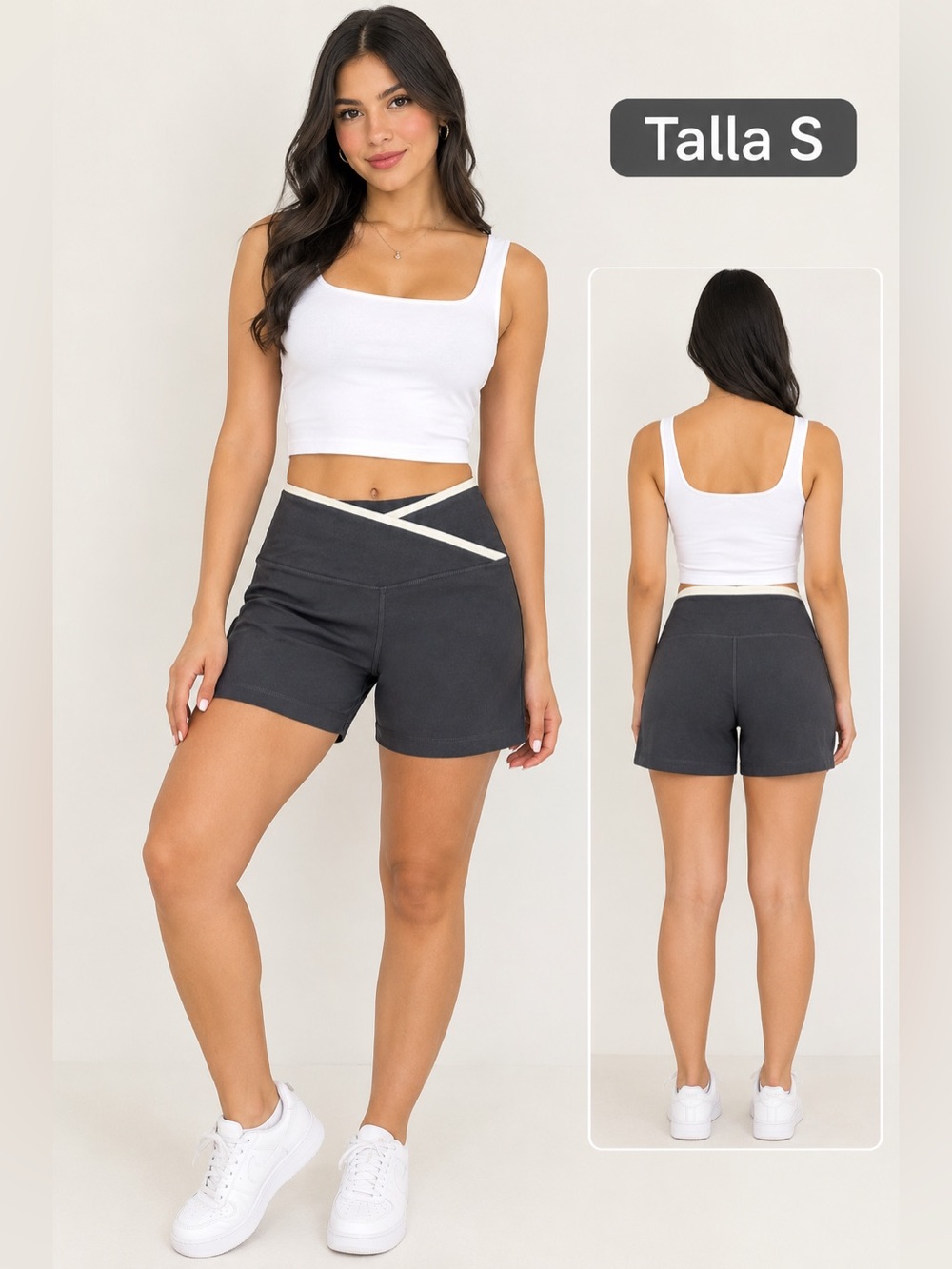 Yogalicious Charcoal High-Waist Athletic Shorts with Contrast Waistband